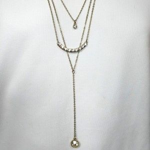 Rhinestone Necklace Layered Triple Chains Y Pendant Clear Glass Gold Tone 30 in.